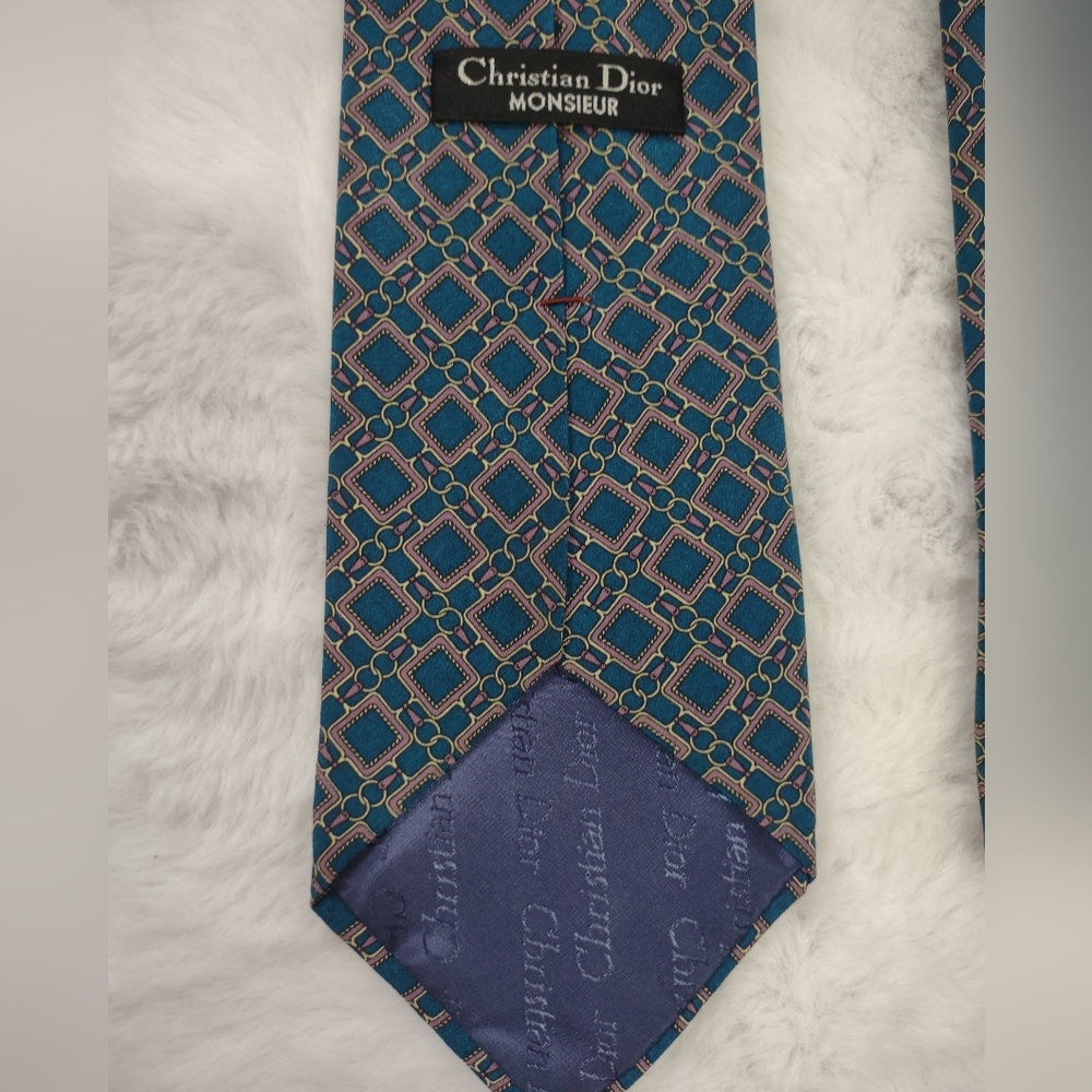 Vintage Christian Dior Monsieur Men's Blue Pattern Silk Tie - Picture 4 of 7